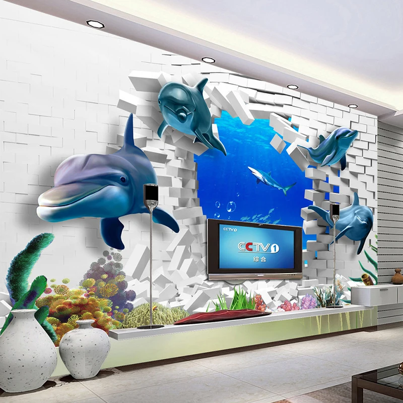 Пользовательский 3D мультфильм подводный мир Дельфин сломанная Стена Фото Фреска