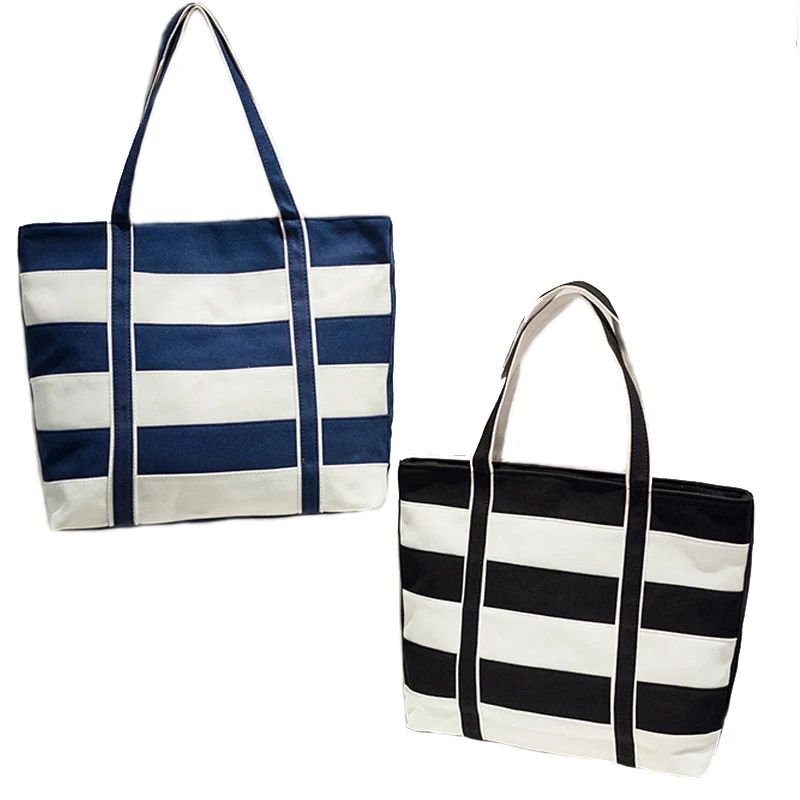 

Women fashion tote bag canvas striped casual shopping carrier bag single shoulder female bolsa handbag black blue