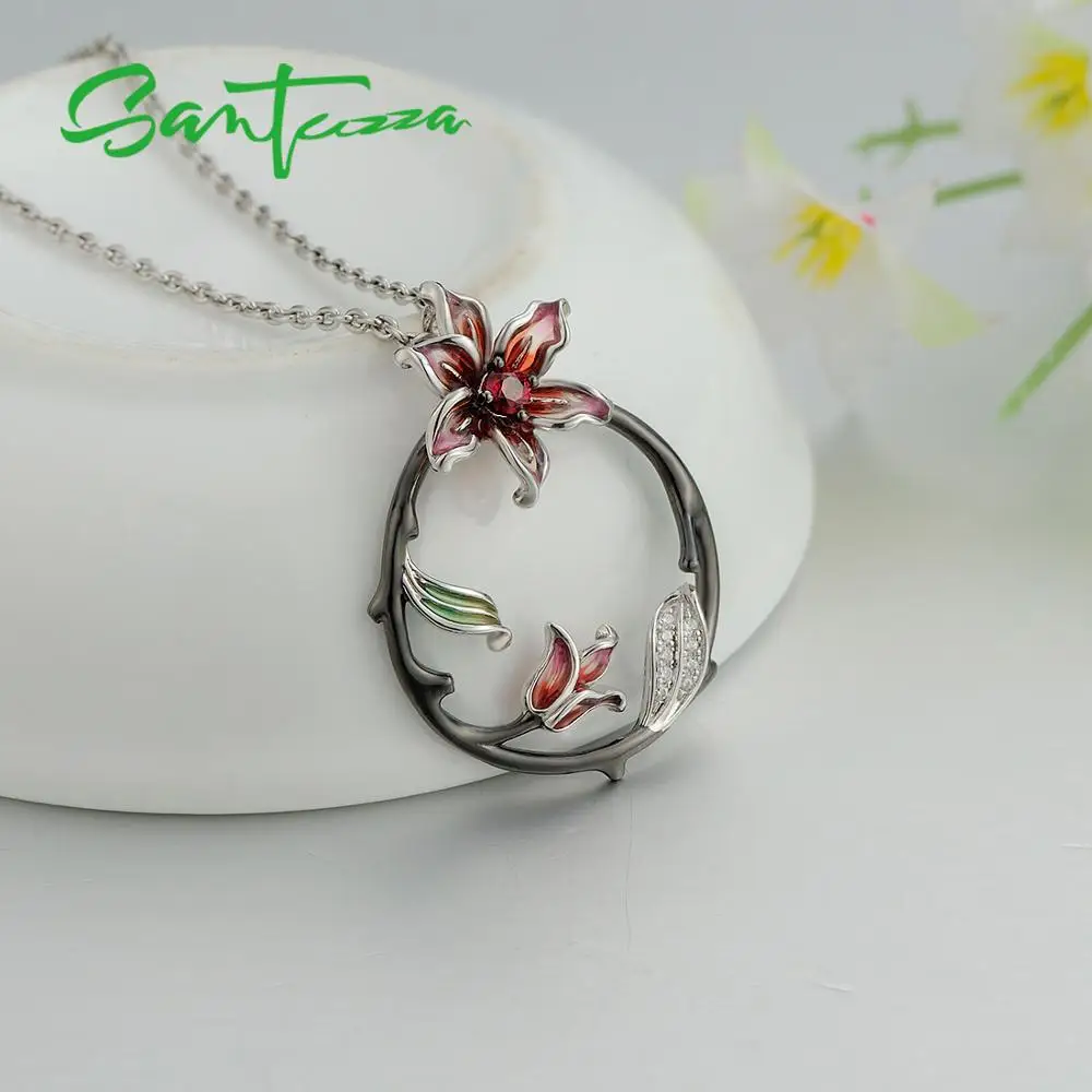 SANTUZZA conjunto de joyas de plata para las mujeres rama pendientes flor colgante de plata de ley 925 joyería de moda de esmalte - 4