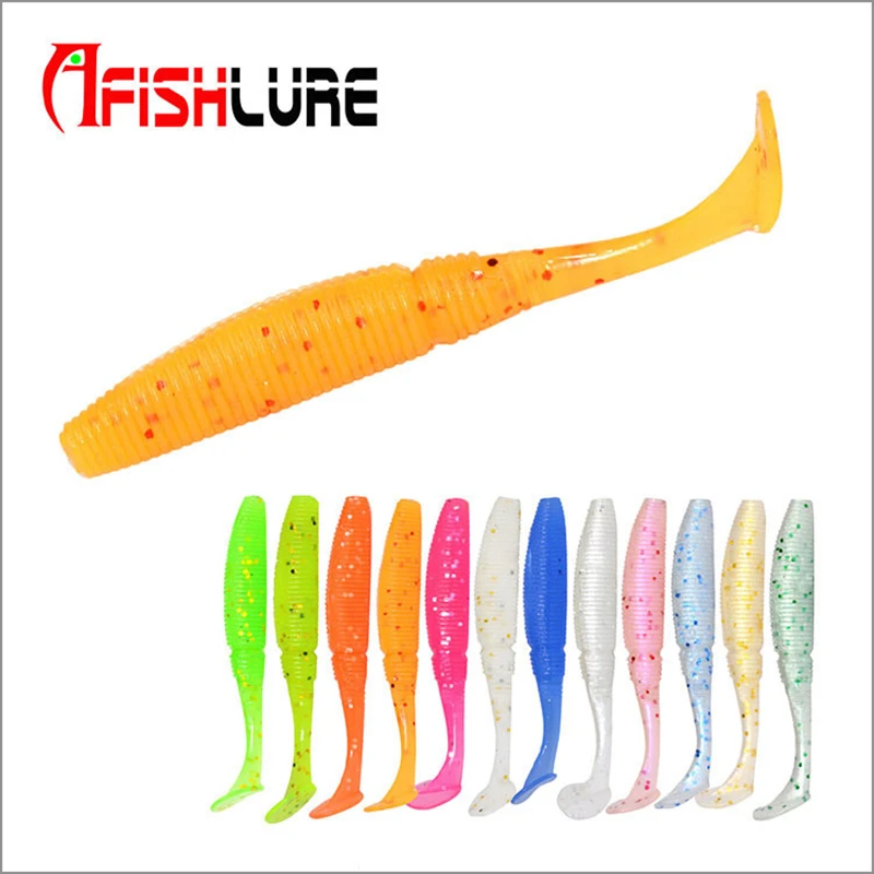 

6pcs/lot 75mm 3.2g Luminous soft bait Bionic bait 12 colors fishing fascinate T tail Noctilucous Artificial Loach Fishing Bait