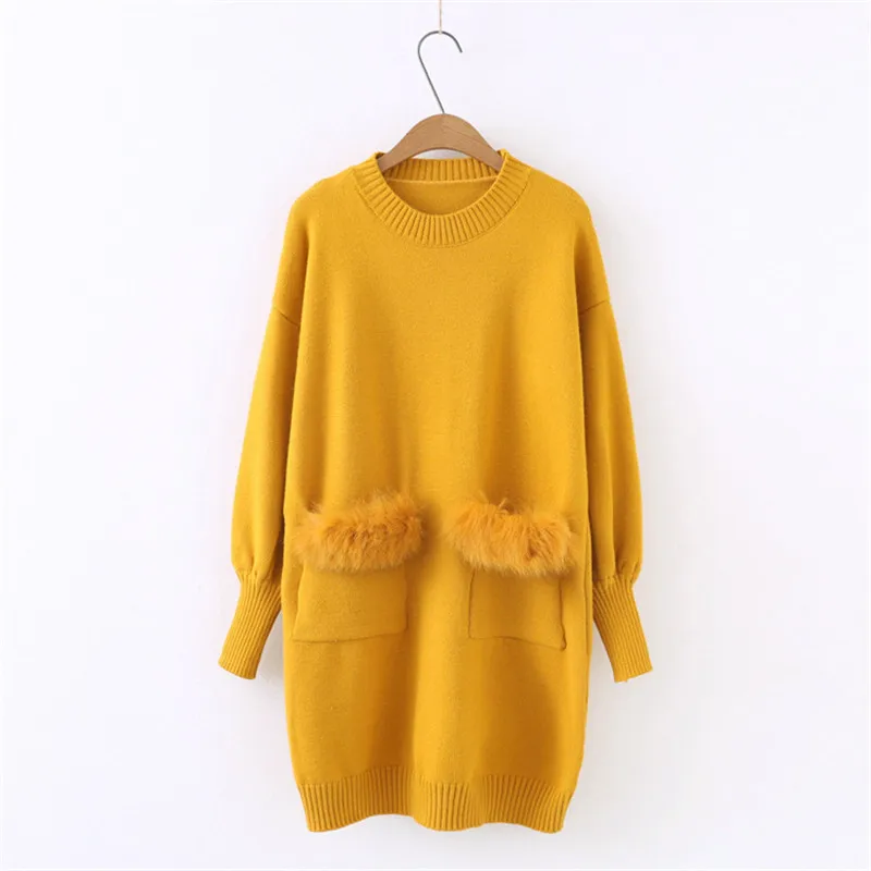 Осенний вязаный женский свитер, зимнее платье из кроличьей шерсти, свитер для женщин, свободный свитер с карманами SW870 - Цвет: yellow
