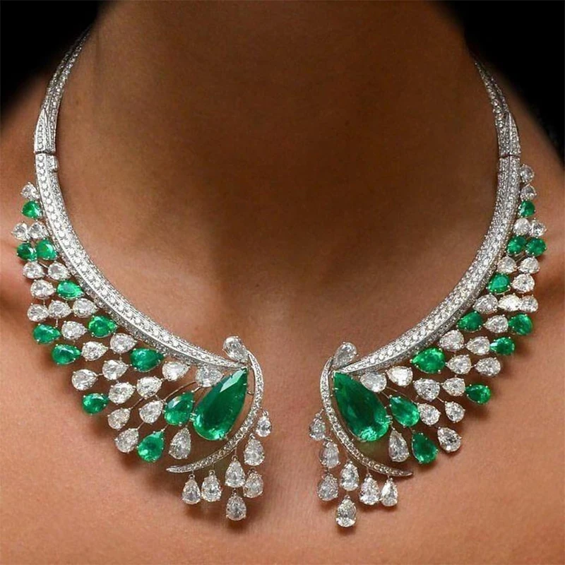 Green Crystal Clear Rhinestone Hard Choker Necklace Women Wedding Jewelry Big Stone Flower