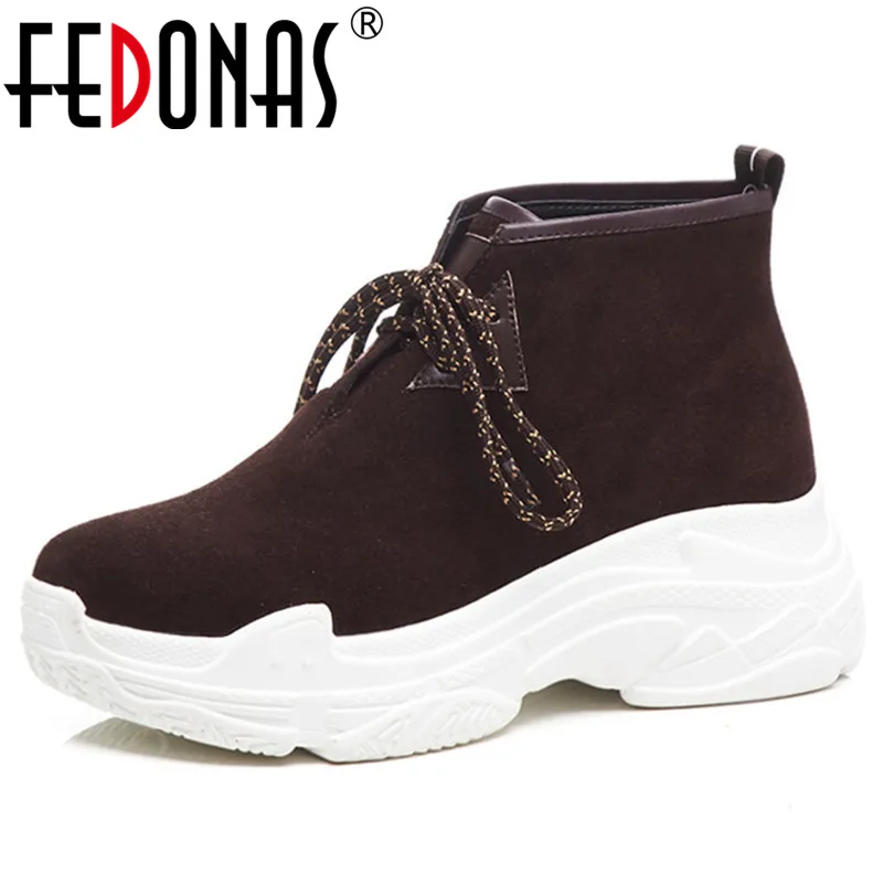 

FEDONAS Fashion Brand Women Cow Suede Ankle Boots High Platforms Lace Up Autumn Winter Casual Shoes Woman Round Toe Boots