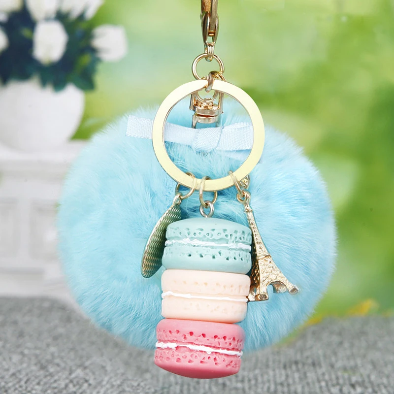 

Novelty Female Girl Gift Ribbon Bow Effiel Tower Macarons Cake Keychains Keyring 8cm Pom Pom Rex Rabbit Fur Fluffy Bag Pendant