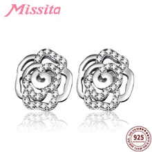 MISSITA 100% 925 Sterling Silver Clear Rose Pattern Earrings For Women Silver Jewelry Brand Stud Earrings Rose Gold Hot Sale double r brand new jewelry earrings for women hot sale yellow gold plated 925 sterling silver drop earrings case04266sc 2