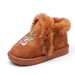 2018 осень и зима детская обувь ботинки для девочек мода вышивка Обувь на теплом меху дети снегоступы Повседневное Мода обувь для девочек
