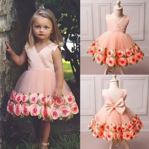 

Lovely Flower Girl Princess Dress 3D Rose Print V Neck Bow Knot Sundress Wedding Bridesmaids Pageant Kids Party Dress Outfits