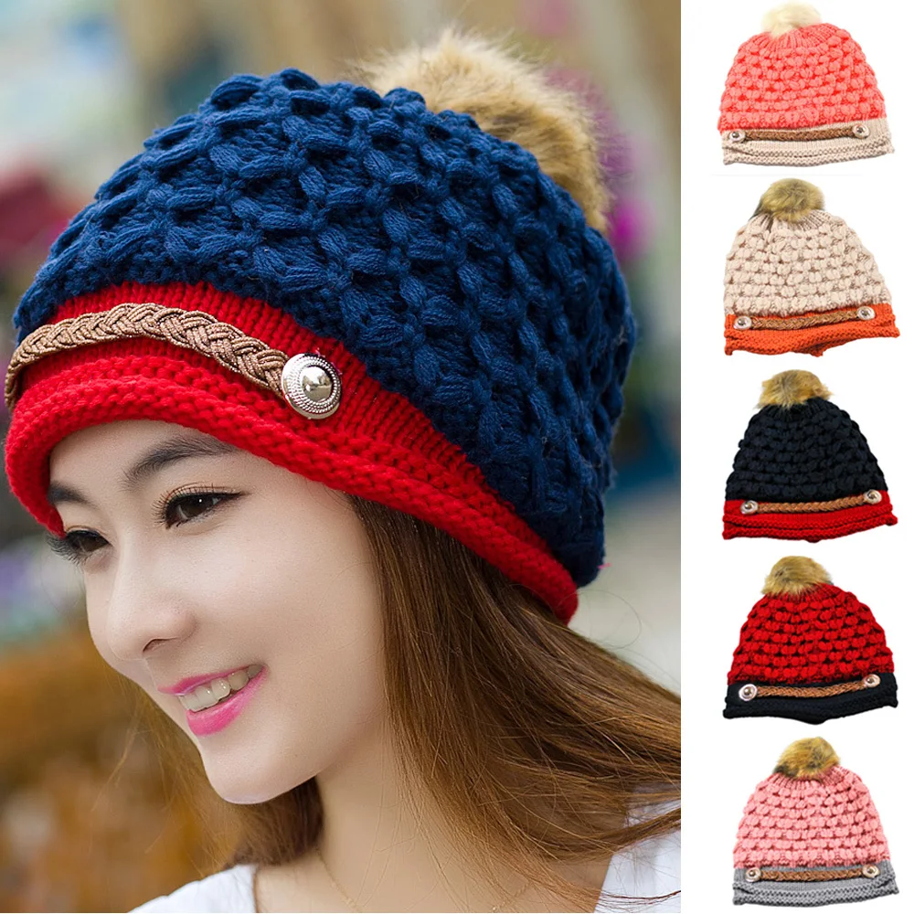 Women Winter Knitted Warm Ski Beanie Hat Slouch Wool Pom Bobble Caps HATBD0022