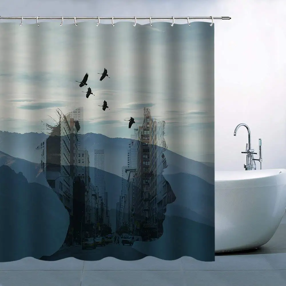 

Scenery Character Theme Shower Curtain Flying Bird Hill Side Of Man City View Blue Waterproof 2018 New Curtain