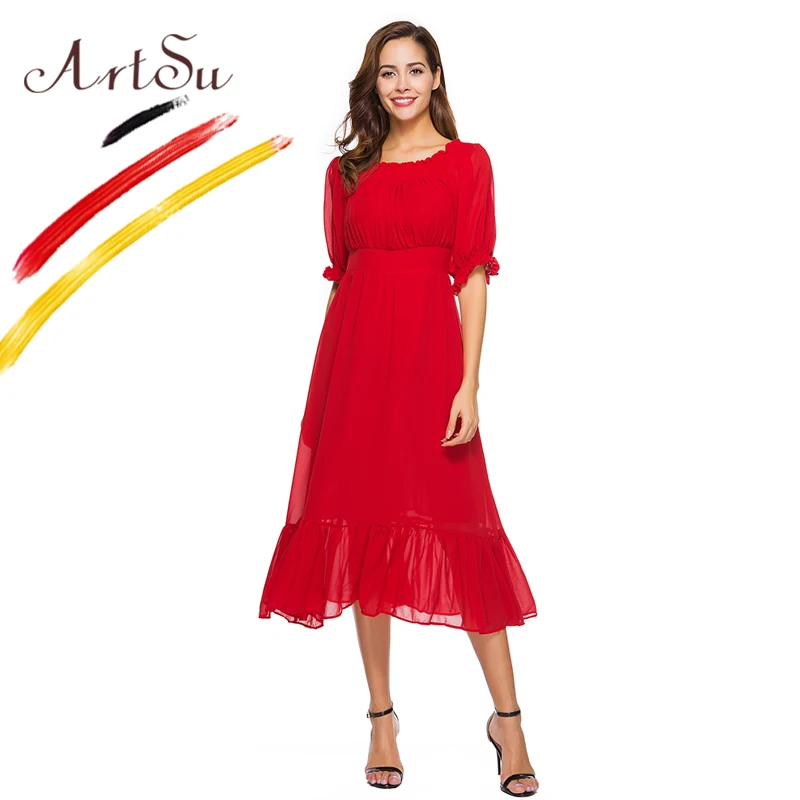 ArtSu الأبيض الأحمر شيك فستان محكم من عند الصدر ويتدلى بشكل واسع الصيف قبالة الكتف سليم الشيفون اللباس المرأة مثير حزب اللباس الأميرة فساتين ...