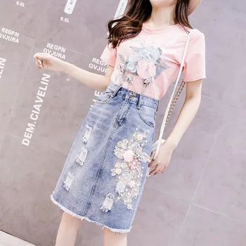 

Suit female in the summer of 2019 the new embroidery heavy flower bead piece hole cowboy dress in short sleeve T-shirt