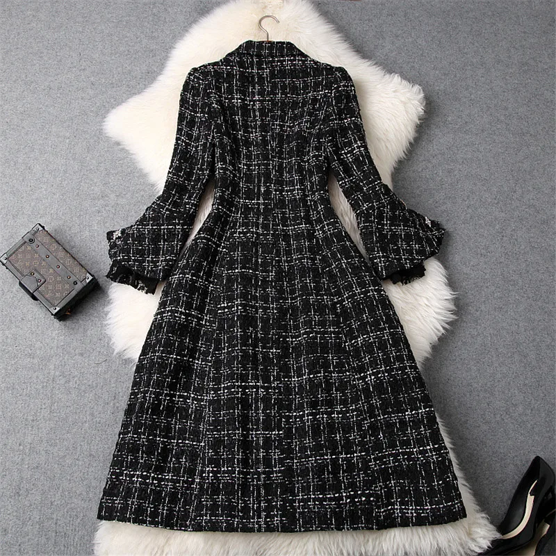 Подиумные дизайнерские зимние твидовые шерстяные куртки и пальто для женщин модные новые длинные клетчатые шерстяные пальто с расклешенными рукавами верхняя одежда