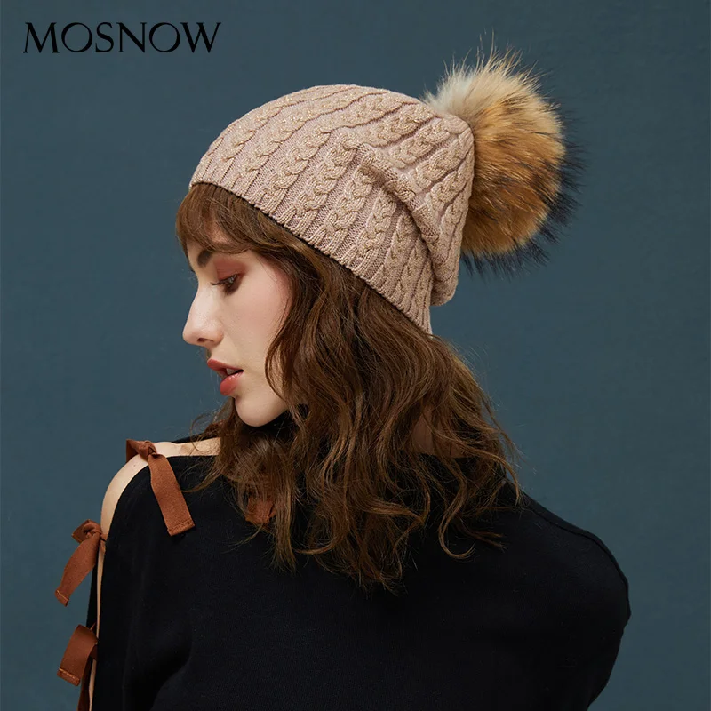 

Winter Hats For Women Warm Beanie Real Fur Pompom Wool Hat Female Twist-Type Cap Bright Silk Beanies Women's Hat 5 Colors