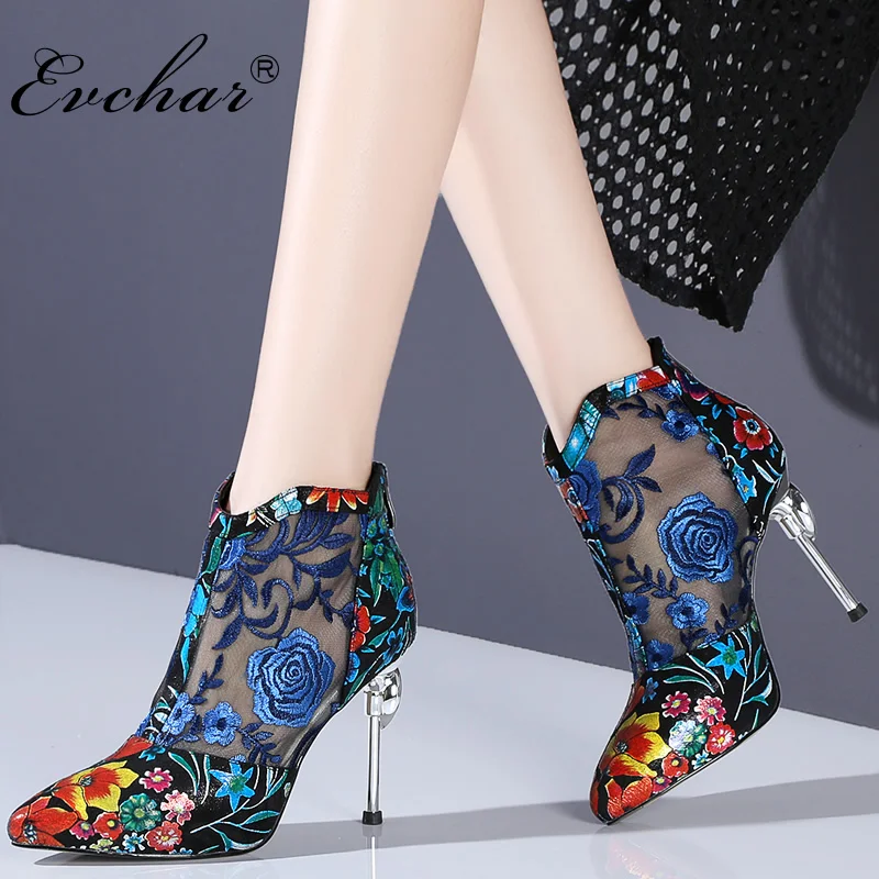 

EVCHAR spring Autumn Women Ankle elegant shoes Lace Mesh embroider mixed colors thin super High Heel Sexy party Boots 33-40