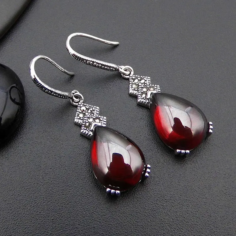 

925 Silver Earring Natural Green Stone 100% S925 Sterling Silver boucle d'oreille Red Zircon Drop Earrings for Women Jewelry