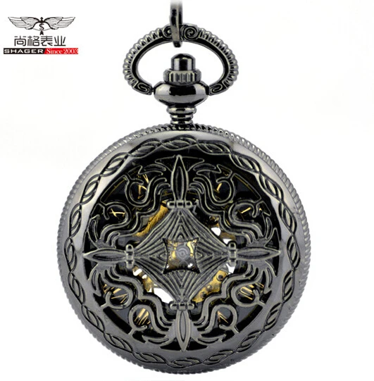Flower Hollow Cover Black Mechanical Pocket Watch Necklace Pendant Men Women Flower Hollow Cover Black Mechanical Pocket Watch Necklace Pendant Men Women
