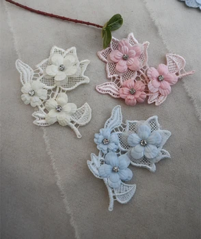 

10 pieces pink blue off white cream lace appliques with 3D florals, 3D flowers beaded lace appliques for sewing accessories