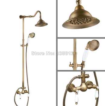 

Antique Brass Bathroom Wall Mounted Rain Shower Faucet Set with 7" Shower Head + Hand Spray + Dual Handles Mixer Tap Wan520
