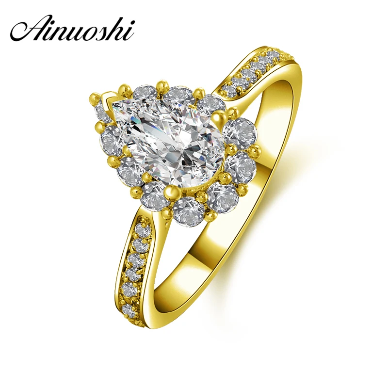

AINUOSHI 10K Solid Yellow Gold Wedding Ring 1 Carat Pear Cut Simulated Diamond Anillos Halo Rings for Women Engagement Bijoux