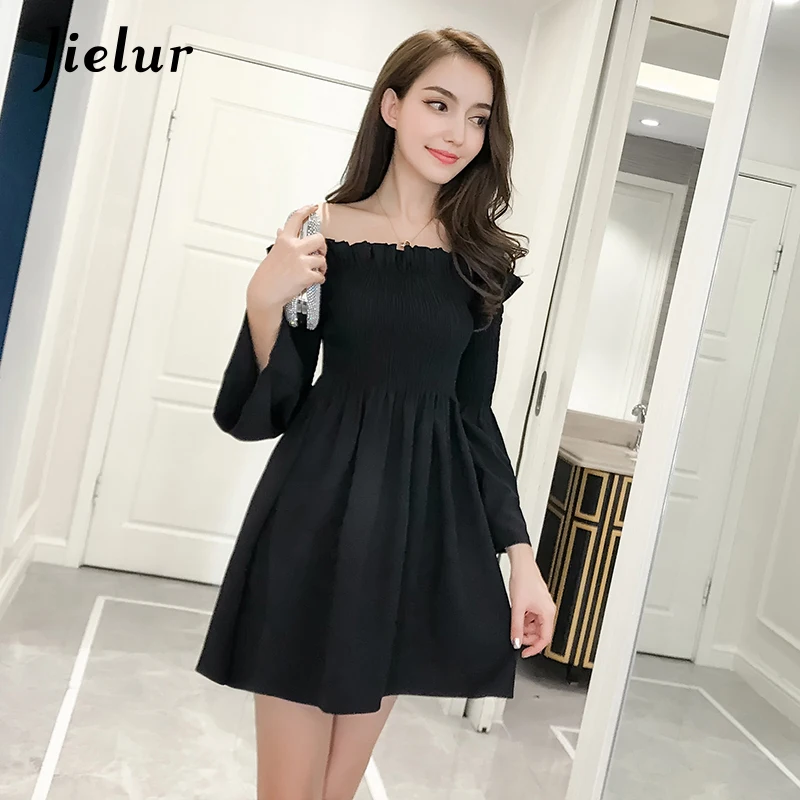 

Jielur Solid Color Slash Neck Flare Sleeve Women's Dresses Loose Slim Elastic Casual Unique Female Dress Sexy Chic Vestidos S-XL