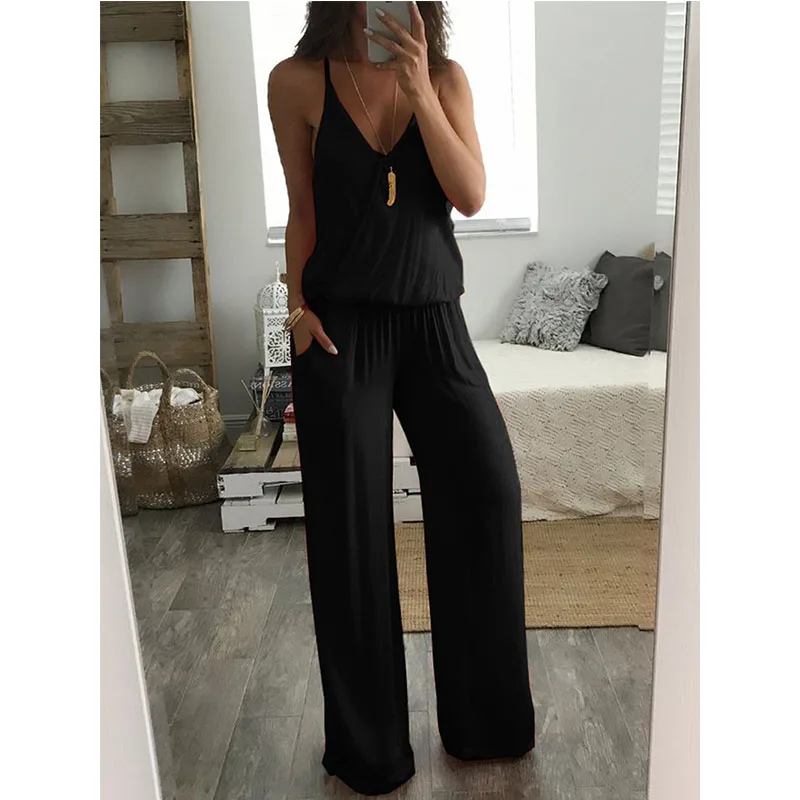 

Casual Straight Overalls Women Solid Suspender Rompers Women Summer Backless Fashion Pocket Sashes Office Lady Streetwear H30