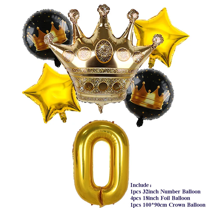 6pcs 32inch Number Foil Balloons 1 2 3 4 5 Years Old Kid Boys Girls Gold Crown Happy Birthday Balloon Baby Shower Decor Supplies