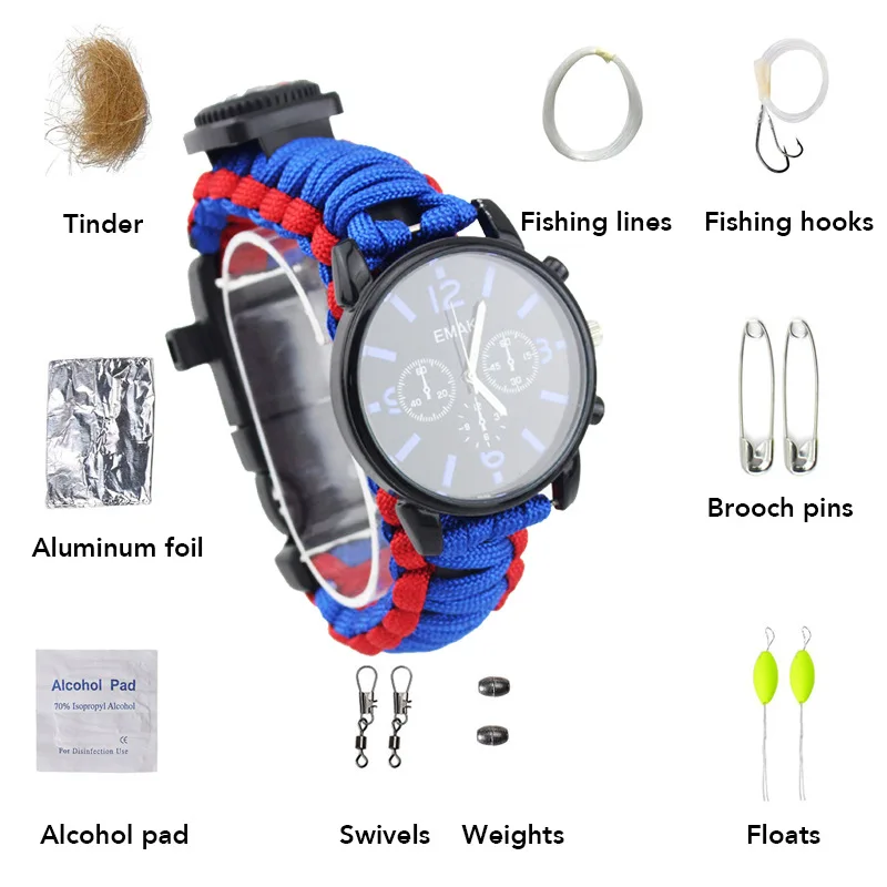 

Outdoor Survival Watch Camping Multi-functional Emergency Survival Tools Luminous Waterproof Watch Rescue Rope Paracord Bracelet