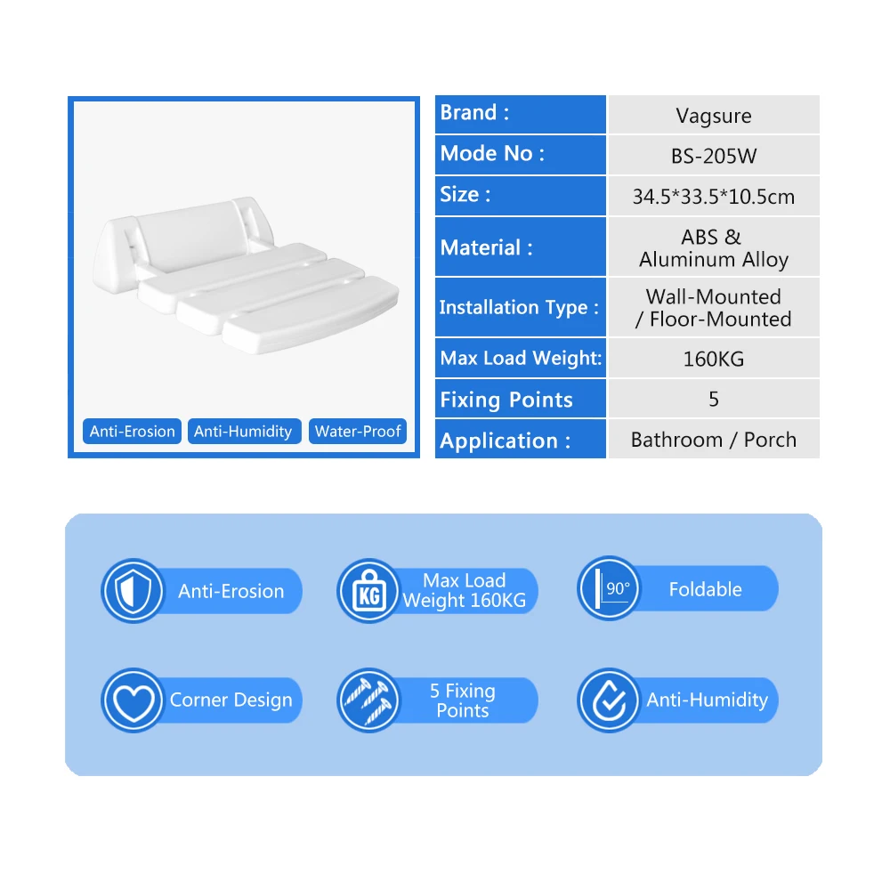 Vagsure настенное сиденье для душа подходит для крыльца балкона складной стул для ванной комнаты Экономия пространства Туалет белый стул