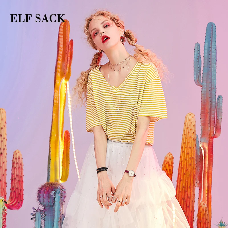 ELFSACK/Хлопковые повседневные женские футболки свободные с v образным вырезом