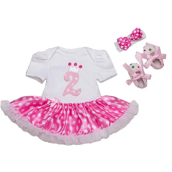 

Crown 2nd Birthday Outfits For Girls Clothes Pink Lace Tutu Rompers Party Dresses Headband Shoes 3PCS Toddler Girl Clothing