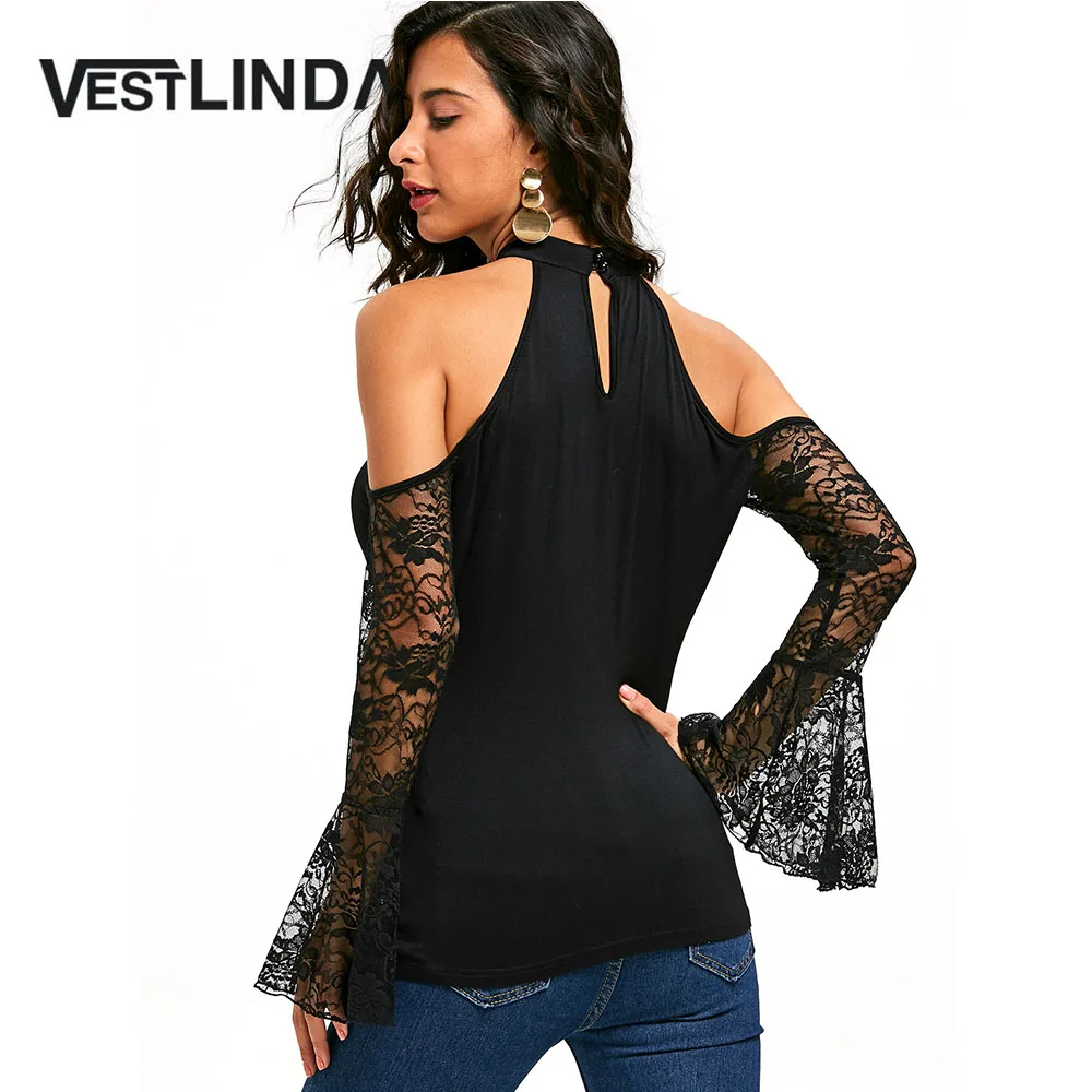 Женская блузка с открытыми плечами VESTLINDA кружевная расклешенным рукавом и бантом