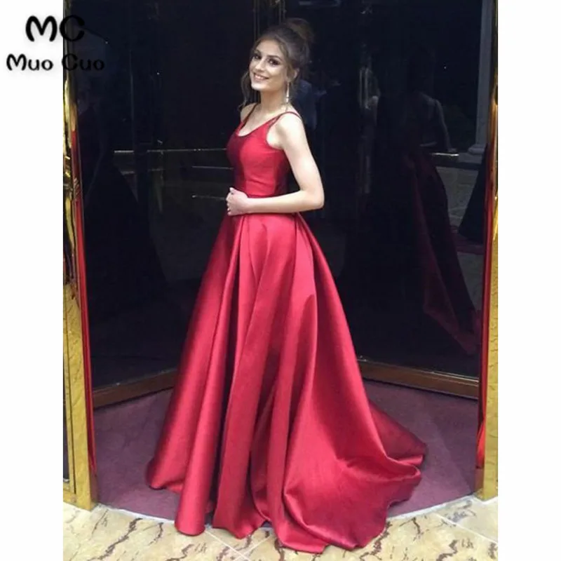 A-Line Scoop Backless Sweep Train Red Satin Prom Dress with Ruched