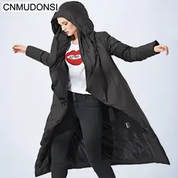 CNMUDONSI высокое качество 2018 зимние модные новые женские сплошной цвет с капюшоном Регулируемая Талия кружево до личности длинная теплая