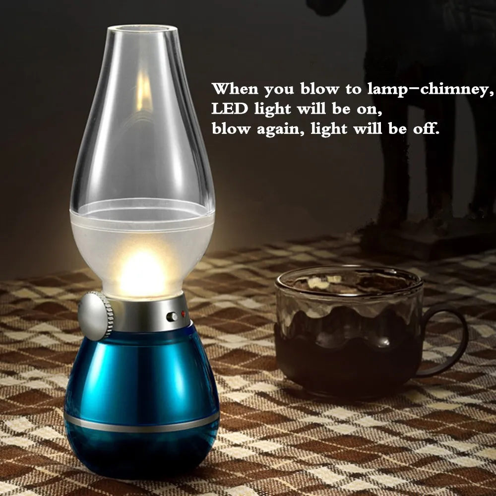Ретро Классический УДАРА СВЕТОДИОДНЫЙ светильник USB Перезаряжаемые реагирующая на задувание керосиновая лампа ночник в виде свечи Ночная настольная лампа настольная светодиодная лампа, синий