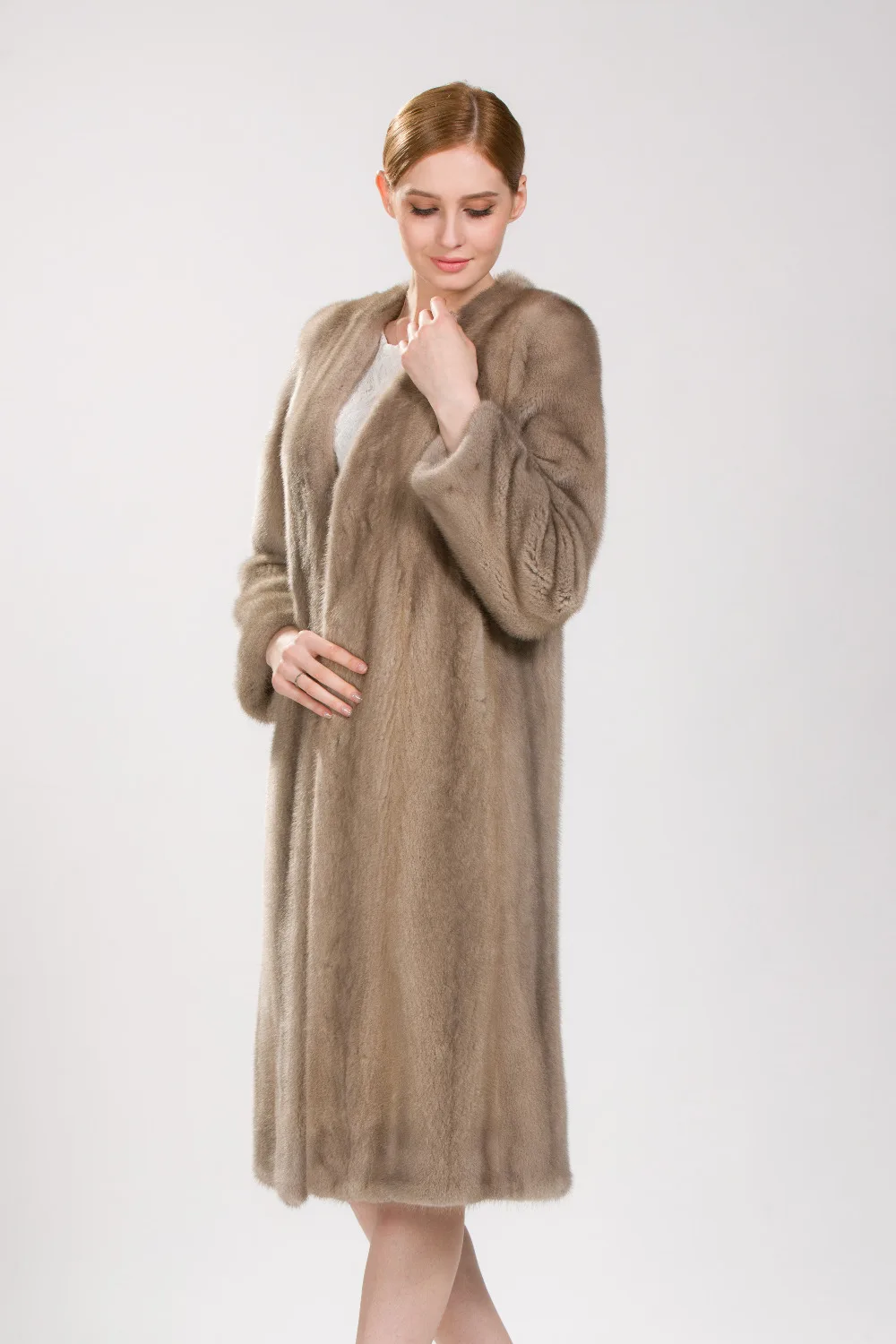 

v-neck and x-long light gray natural mink fur coat