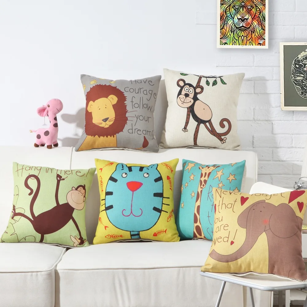 

Animal Cushion Covers Monkey Elephant Cat Lion Giraffe Pillowcase 45*45CM Children's Room Kindergarten Decorative Pillow Covers