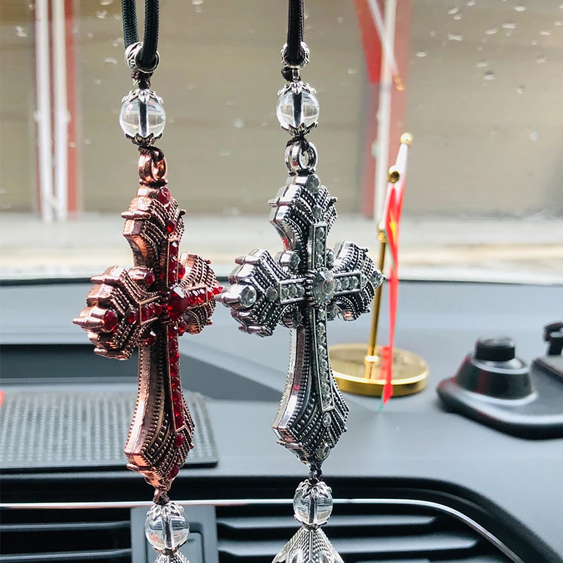 

Car Pendant Ornaments Metal And Crystal Diamond Cross Jesus Christian Rear View Mirror Pendant Hanging Car Styling Accessories