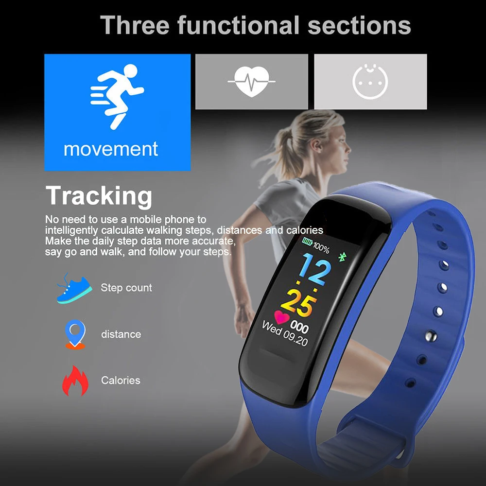 

Plus Color Screen Smart Bracelet Heart Rate Monitoring Step wirstband Counter waterproof Screen Sports watch for IPhone Samsung