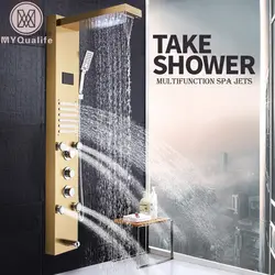 Золотой душ Светодиодная панель для душа и ванной пилон цифровой экран водопад Дождь душ смесители Вращательный массаж струи