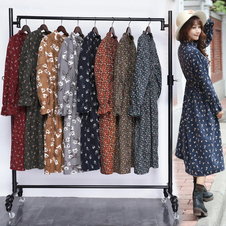 

Corduroy Thicken Stand Collar Small Flower Dress Long Sleeves Autumn And Winter Vintage Preppy Style Casual Clothing