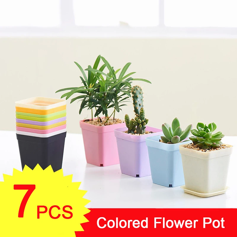 

7 PCS/Lot Mini Square Colors Flower Pots Pot Trays Plant Succulent Home Office Decor Potted Flower Plants Bonsai