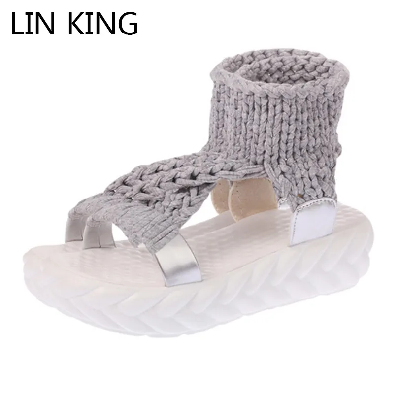 LIN KING/Новые модные шерстяные вязаные женские сандалии босоножки на танкетке