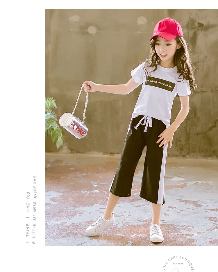 Soft Cotton Teenage Girls Clothing Set 2019 Summer Letter Print Tshirt Tops Pants 2-piece Kids Clothes Suit For Children Outfits (17)