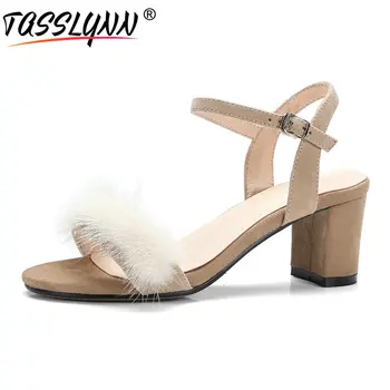 

TASSLYNN 2019 Summer Open Toe Women's Sandals Low Square Heel Faux Fur Women Shoes Sweet Style Shoes Ankle Strap Size 34-42