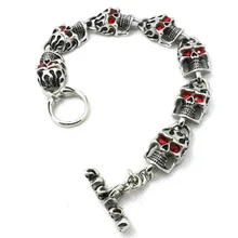 24 см* 1,3 см из нержавеющей стали 7 головы череп с красными глазами браслет 316L браслет из нержавеющей стали вечерние стиль крест и череп браслет