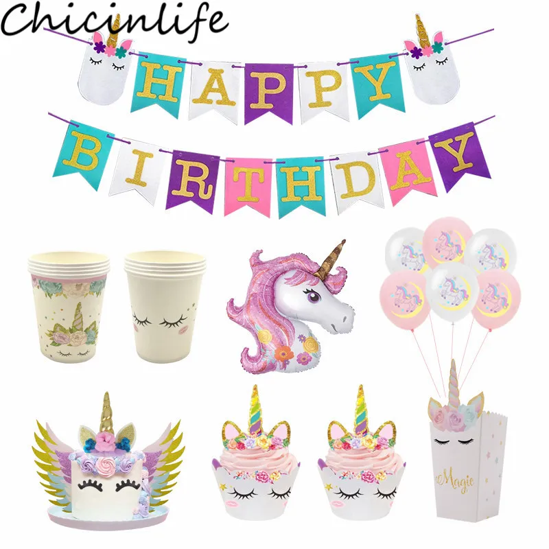 Chicinlife Unicorn Party Paper Napkin Plate Banner Balloon Cake Toppers Baby Shower Kids Wedding Birthday Decor Supplies | Дом и сад