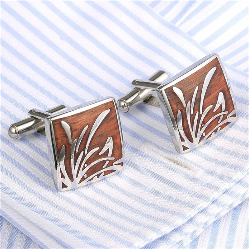 

2017 High Quality Vintage Wave Pattern Cuff Link Retro Exquisite Men Red Wooden Sleeve Button Stainless Steel European Cufflinks