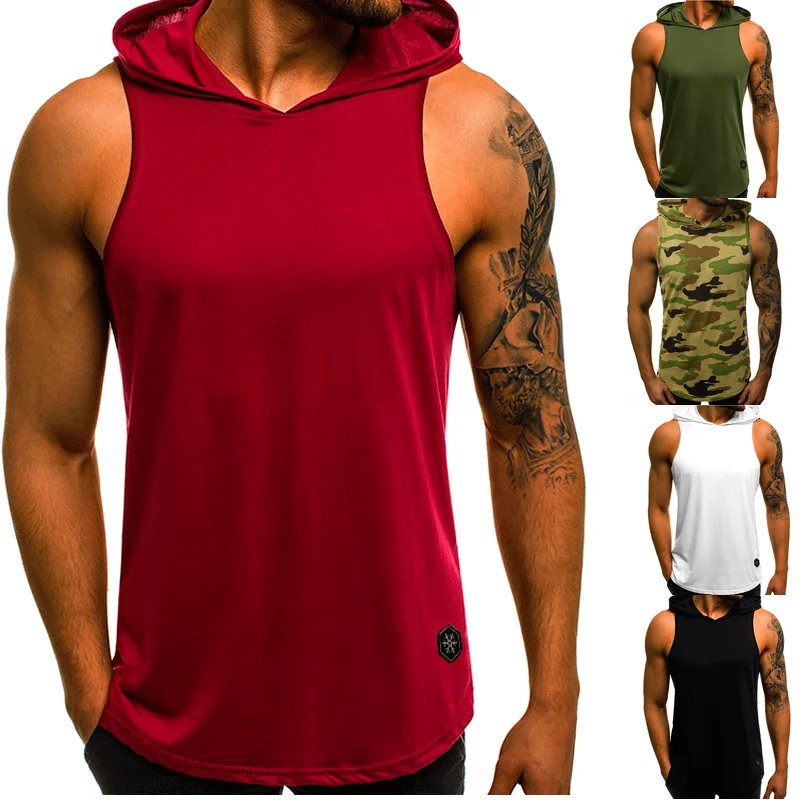 

Men Fitness Hoodies Tank Tops Sleeveless Bodybuilding Tee Shirt Fashion Stringer Male Workout Hooded Top Vest Sportswear Solid