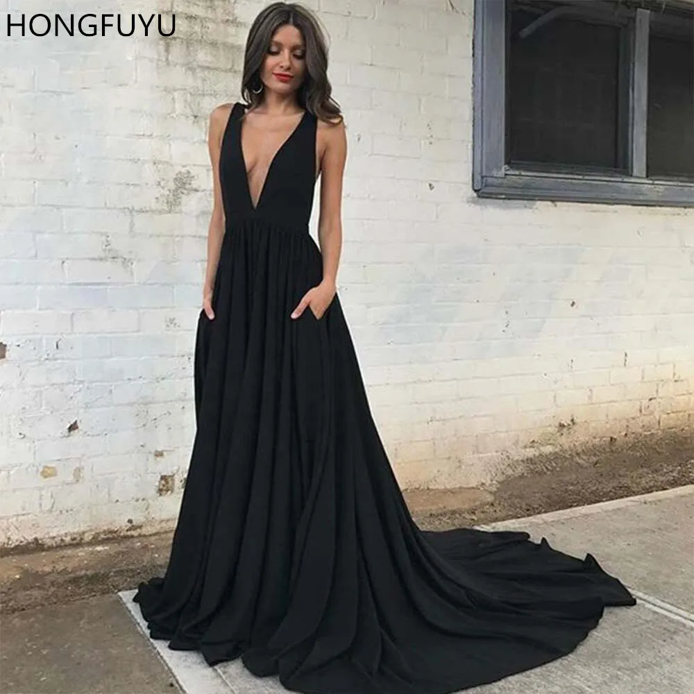 Сексуальные вечерние платья HONGFUYU с глубоким V-образным вырезом и карманами