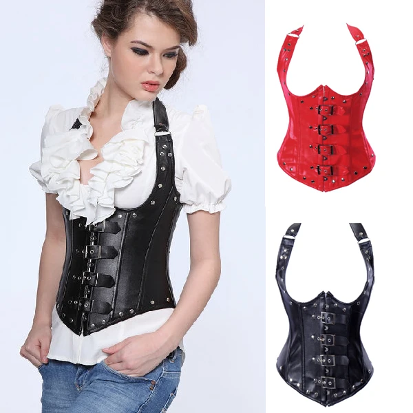 PV Leather Corset Bustier Gothic Belt Sexy Red & Black Steampunk Halter Overbust Bustier Women Lingerie Steel Boned Shaewear
